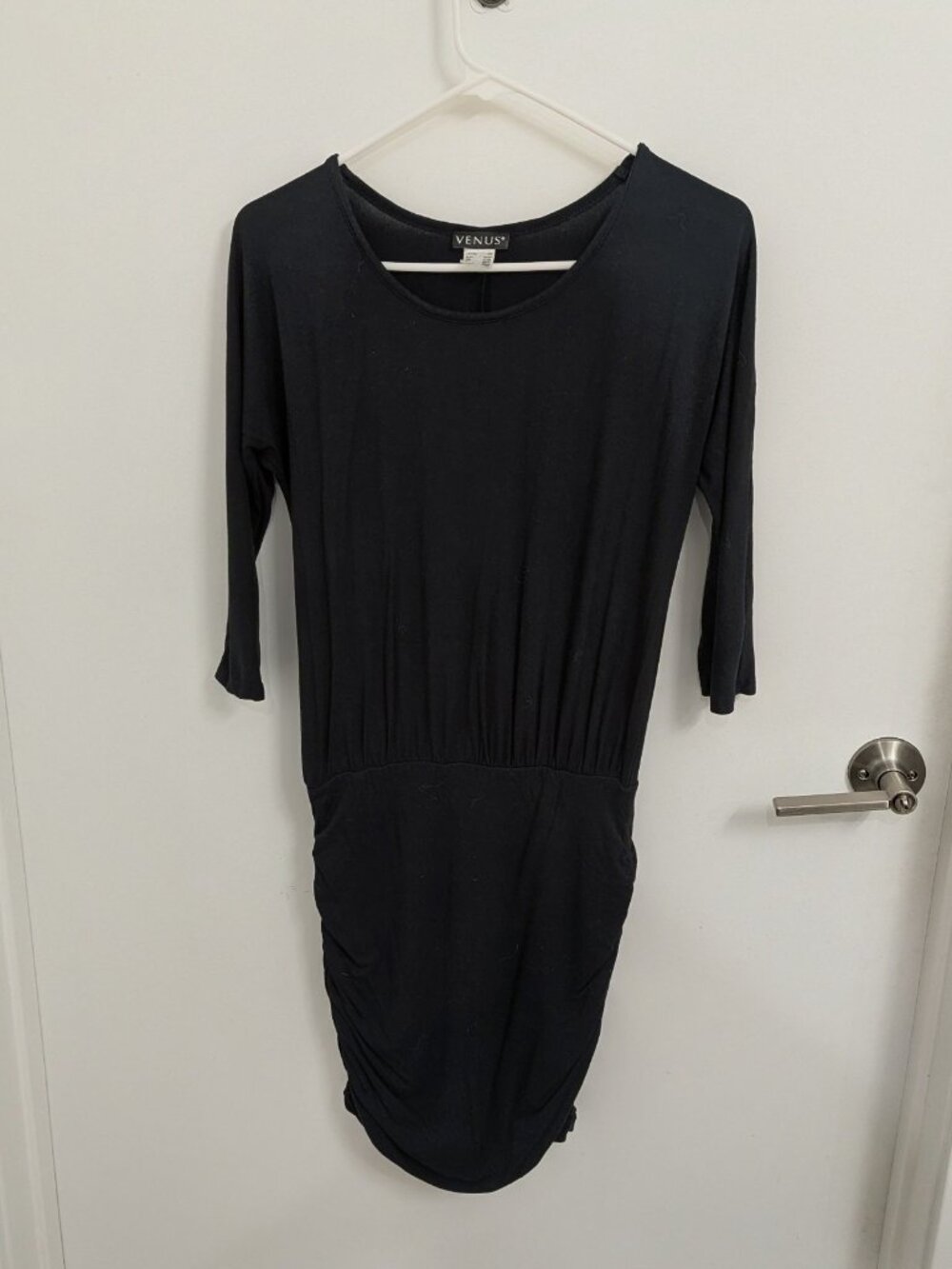 Black Blouson Dress With Ruched Skirt 3/4 Sleeves Venus XS